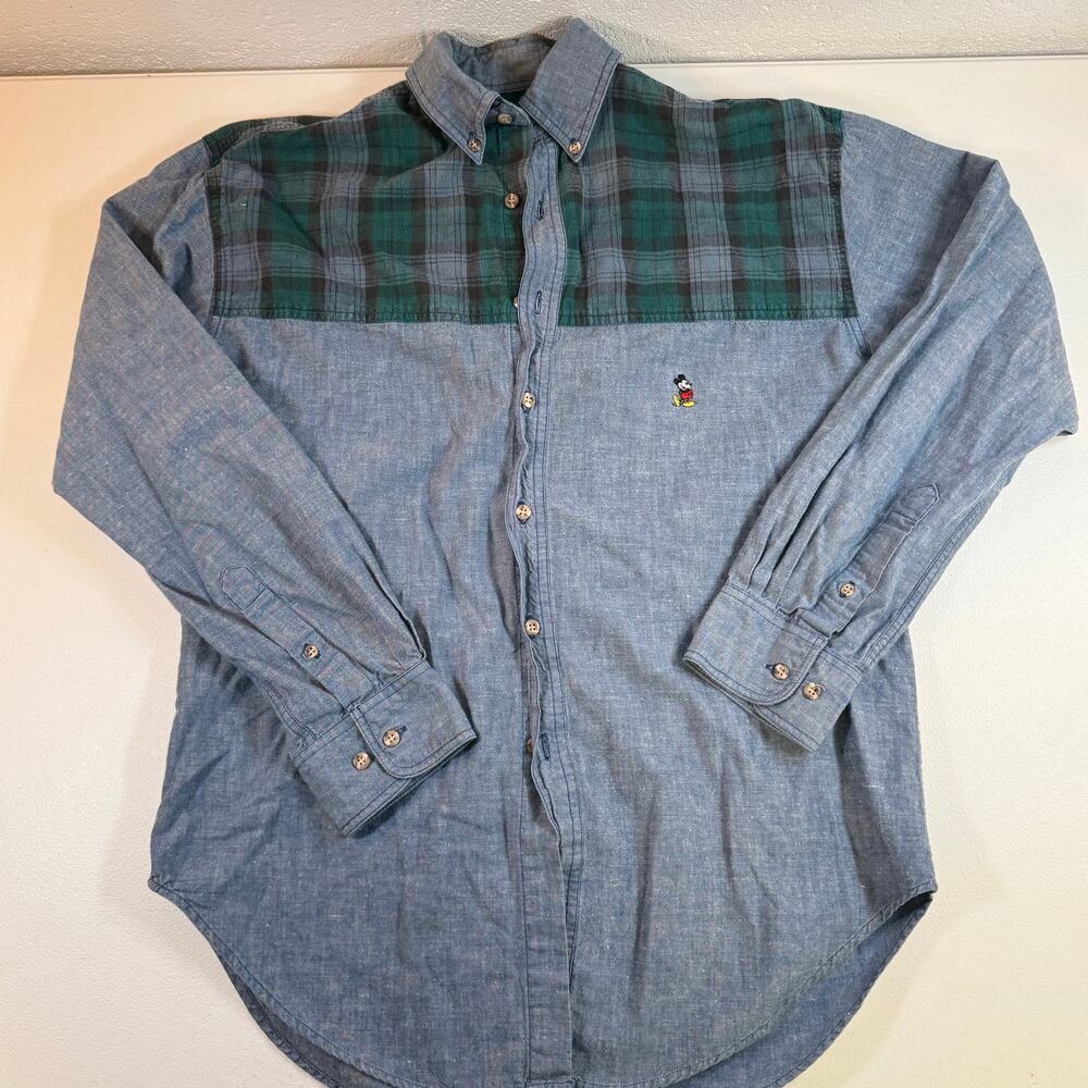 Disney Vintage Originals Mickey Mouse Shirt Mens S Plaid Chambray Button Down